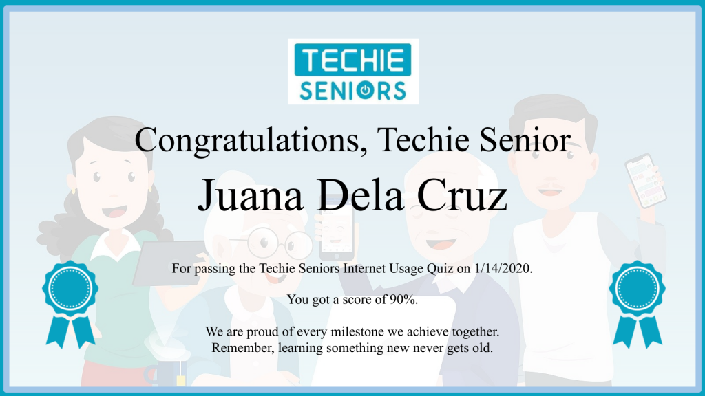 Techie Seniors PH Internet Usage Quiz sample certificate